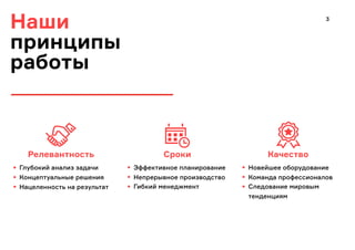 Наши
принципы
работы
Релевантность
• Глубокий анализ задачи
• Концептуальные решения
• Нацеленность на результат
3
Сроки
• Эффективное планирование
• Непрерывное производство
• Гибкий менеджмент
Качество
• Новейшее оборудование
• Команда профессионалов
• Следование мировым
тенденциям
 