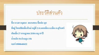 ชื่อ นางสาวบุษบา สมานทอง ชื่อเล่น มุก 
ที่อยู่ โคกปลัดเมื่องใหม่ หมู่ที่ 2 ต.นอกเมือง อ.เมือง จ.สุรินทร์ 
เกิดเมื่อ 27 กรกฏาคม 2538 อายุ 19 ปี 
น้าหนัก 54 ส่วนสูง 156 
เบอร์ 0900640422 
 