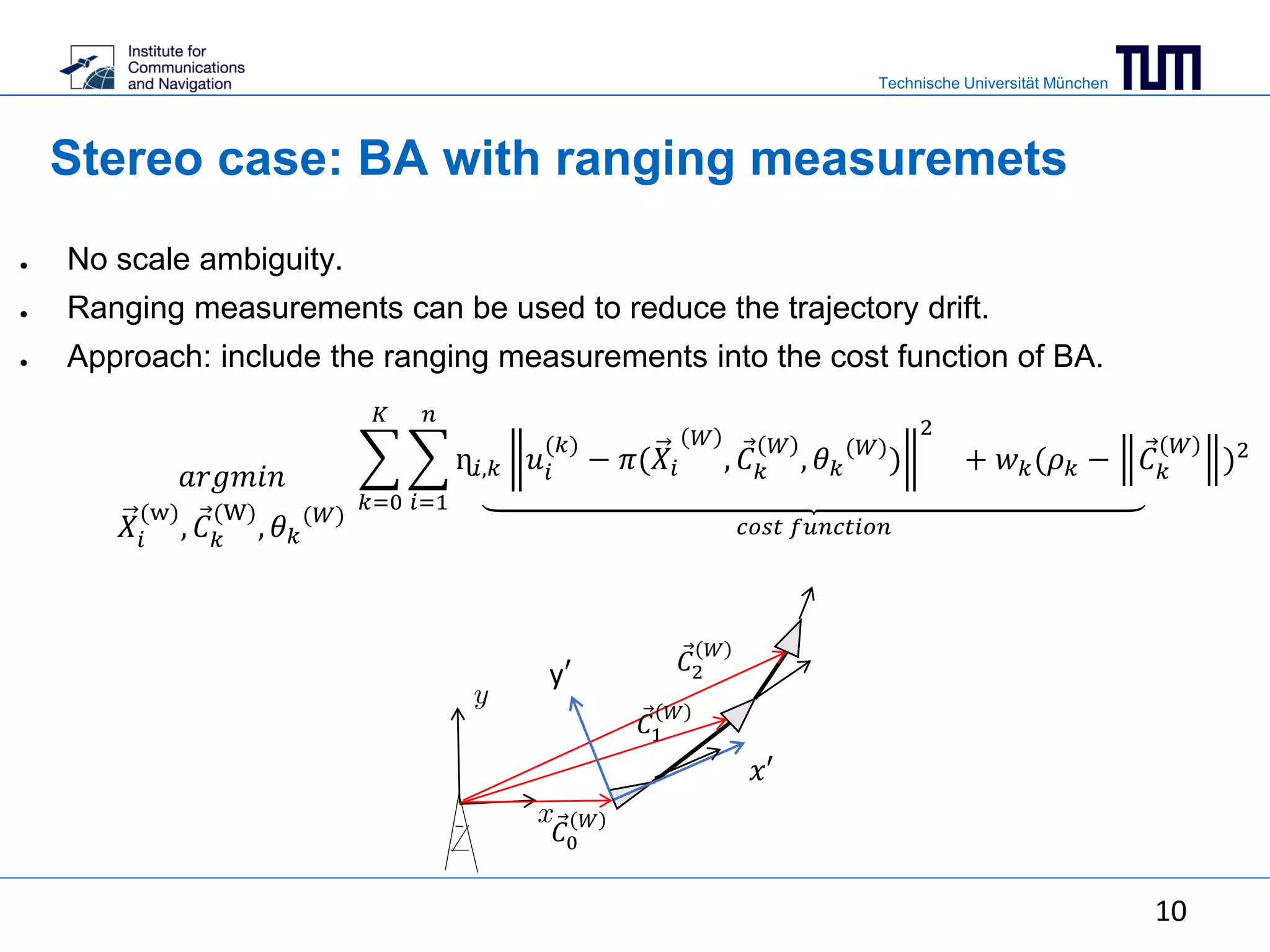 Technische Universität München
Stereo case: BA with ranging measuremets
● No scale ambiguity.
● Ranging measurements can be used to reduce the trajectory drift.
● Approach: include the ranging measurements into the cost function of BA.
𝑘=0
𝐾
𝑖=1
𝑛
ɳ𝑖,𝑘 𝑢𝑖
(𝑘)
− 𝜋(𝑋𝑖
𝑊
, 𝐶 𝑘
𝑊
, 𝜃 𝑘
(𝑊)
)
2
+ 𝑤 𝑘(𝜌 𝑘 − 𝐶 𝑘
𝑊
)2
𝑐𝑜𝑠𝑡 𝑓𝑢𝑛𝑐𝑡𝑖𝑜𝑛
𝑎𝑟𝑔𝑚𝑖𝑛
𝑋𝑖
(w)
, 𝐶 𝑘
(W)
, 𝜃 𝑘
(𝑊)
10
𝐶1
𝑊
𝐶2
𝑊
𝑥′
y′
𝐶0
𝑊
 