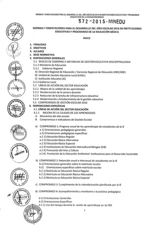 Normas y Orientaciones para el Desarrollo del Año Escolar 2016 en Instituciones Educativas y Programas de la Educación Bás...