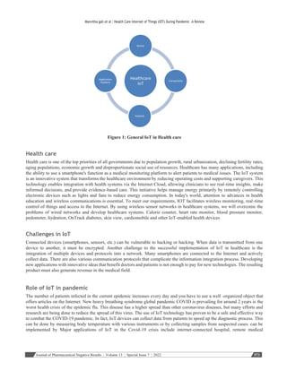 Journal of Pharmaceutical Negative Results ¦ Volume 13 ¦ Special Issue 7 ¦ 2022 573
Manvitha gali et al : Health Care Internet of Things (IOT) During Pandemic –A Review
Figure 1: General IoT in Health care
Health care
Health care is one of the top priorities of all governments due to population growth, rural urbanization, declining fertility rates,
aging populations, economic growth and disproportionate social use of resources. Healthcare has many applications, including
the ability to use a smartphone's function as a medical monitoring platform to alert patients to medical issues. The IoT system
is an innovative system that transforms the healthcare environment by reducing operating costs and supporting caregivers. This
technology enables integration with health systems via the Internet Cloud, allowing clinicians to see real-time insights, make
informed decisions, and provide evidence-based care. This initiative helps manage energy primarily by remotely controlling
electronic devices such as lights and fans to reduce energy consumption. In today's world, attention to advances in health
education and wireless communications is essential. To meet our requirements, IOT facilitates wireless monitoring, real-time
control of things and access to the Internet. By using wireless sensor networks in healthcare systems, we will overcome the
problems of wired networks and develop healthcare systems. Calorie counter, heart rate monitor, blood pressure monitor,
pedometer, hydration, OnTrack diabetes, skin view, cardiomobile and other IoT-enabled health devices
Challenges in IoT
Connected devices (smartphones, sensors, etc.) can be vulnerable to hacking or hacking. When data is transmitted from one
device to another, it must be encrypted. Another challenge to the successful implementation of IoT in healthcare is the
integration of multiple devices and protocols into a network. Many smartphones are connected to the Internet and actively
collect data. There are also various communication protocols that complicate the information integration process. Developing
new applications with innovative ideas that benefit doctors and patients is not enough to pay for new technologies. The resulting
product must also generate revenue in the medical field.
Role of IoT in pandemic
The number of patients infected in the current epidemic increases every day and you have to use a well -organized object that
offers articles on the Internet. New heavy breathing syndrome global pandemic COVID is prevailing for around 2 years is the
worst health crisis of the epidemic flu. This disease has a higher spread than other coronavirus diseases, but many efforts and
research are being done to reduce the spread of this virus. The use of IoT technology has proven to be a safe and effective way
to combat the COVID-19 pandemic. In fact, IoT devices can collect data from patients to speed up the diagnostic process. This
can be done by measuring body temperature with various instruments or by collecting samples from suspected cases. can be
implemented by Major applications of IoT in the Covid-19 crisis include internet-connected hospital, remote medical
Healthcare
IoT
Sensor
Connectivity
Analysis
Application
Platform
 