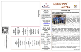 DEERFOOT
NOTES
Let
us
know
you
are
watching
Point
your
smart
phone
camera
at
the
QR
code
or
visit
deerfootcoc.com/hello
May 7, 2023
WELCOME TO THE
DEERFOOT
CONGREGATION
We want to extend a warm welcome
to any guests that have come our
way today. We hope that you are
spiritually uplifted as you participate
in worship today. If you have any
thoughts or questions about any part
of our services, feel free to contact
the elders at:
elders@deerfootcoc.com
CHURCH INFORMATION
5348 Old Springville Road
Pinson, AL 35126
205-833-1400
www.deerfootcoc.com
office@deerfootcoc.com
SERVICE TIMES
Sundays:
Worship 8:15 AM
Bible Class 9:30 AM
Worship 10:30 AM
Sunday Evening 5:00 PM
Wednesdays:
6:30 PM
SHEPHERDS
Michael Dykes Stan Mann
John Gallagher Skip McCurry
Rick Glass Darnell Self
Sol Godwin Phillip VanHorn
Merrill Mann Steve Wilkerson
DEACONS
Ryan Cobb Steve Maynard
Gary Cosby Mike McGill
David Gilmore Mike Neal
Bobby Gunn Steve Putnam
Craig Huffstutler Ken Shepherd
Johnathan Johnson Chuck Spitzley
Chad Key Yoshio Sugita
Terry Malone Randy Wilson
MINISTERS
Richard Harp
Jeffrey Howell
Johnathan Johnson
JCA CAMPUS MINISTER
Alex Coggins
10:30
AM
Service
Welcome
Song
Leading
David
Dangar
Opening
Prayer
Brandon
Wagner
Scripture
Reading
Canaan
Hood
Sermon
Lord’s
Supper
/
Contribution
Bob
Keith
Closing
Prayer
Elder
————————————————————
5
PM
Service
Song
Leading
Elder
Opening
Prayer
Elder
Lord’s
Supper/
Contribution
Elder
Closing
Prayer
Elder
8:15
AM
Service
Welcome
Song
Leading
Randy
Wilson
Opening
Prayer
Yoshi
Sugita
Scripture
Reading
Johnathan
Johnson
Sermon
Lord’s
Supper/
Contribution
Chad
Key
Closing
Prayer
Elder
Baptismal
Garments
for
May
Dawn
Couch
Bus
Drivers
May
14–
Steve
Maynard
May
21–
Michael
Martin
Deacons
of
the
Month
Randy
Wilson
Ryan
Cobb
Gary
Cosby
Sermon
Notes
MISSION SUNDAY
Today is Mission Sunday where everything collected goes to mission
work throughout the world.
This year while we are having our
Mission Sunday here at Deerfoot
there is a group in Ladyville, Belize
conducting a campaign. We are
knocking doors, and setting up and
conducting Bible studies. We will
also conduct a Gospel Meeting
starting Sunday and going through
Wednesday night. Those from
Deerfoot on the campaign are Donna
and Skip McCurry, Jeffrey Howell,
Hope and Patrick Ormond, Jeanette
and Gary Cosby, Debra Dominic, Frank Montgomery and Allen Townley (not
in picture).
Your Mission Sunday support from last year went to support Graham
McDonald in Scotland, Leslie Taylor in Japan, Joey Treat and Nathaniel
Ferguson in the South Pacific, Joshua Dykes in Michigan/Romania, Eddie
Cloer with Truth for Today World Mission, Kyle Butt with Apologetics Press,
Youth Campaign to Williamston, South Carolina and the Belize Leadership
Seminar (ministers from all over Belize were invited).
We also get many requests to help others with mission work. We have helped
students and others with their support on mission trips. We gave money to buy
Bibles for Michael Stock in the Philippines, gave support to help a student
from Florence go to Scotland to work with Graham McDonald. We gave
support to Joey Read who is working in Dangriega, San Pedro, Columbia, San
Antonio, and Crique Jute in the Toledo District of Belize. There were other
requests during the year for mission support both in other countries and the
United States.
The money collected this year for Mission Sunday will be used to continued
support of the missionaries above and support other mission needs as
requested.
Thank You for your generous giving on Mission Sunday. This allows us to
spread to the Gospel to many parts of the world and the United States.
By Gary Cosby
 