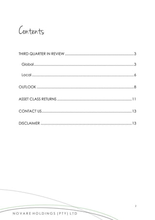 2
Contents
THIRD QUARTER IN REVIEW .......................................................................3
Global.......................................................................................................3
Local .........................................................................................................6
OUTLOOK ....................................................................................................8
ASSET CLASS RETURNS .............................................................................11
CONTACT US.............................................................................................13
DISCLAIMER ..............................................................................................13
 