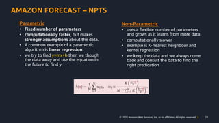 23© 2020 Amazon Web Services, Inc. or its affiliates. All rights reserved |
AMAZON FORECAST – NPTS
Parametric
• Fixed numb...