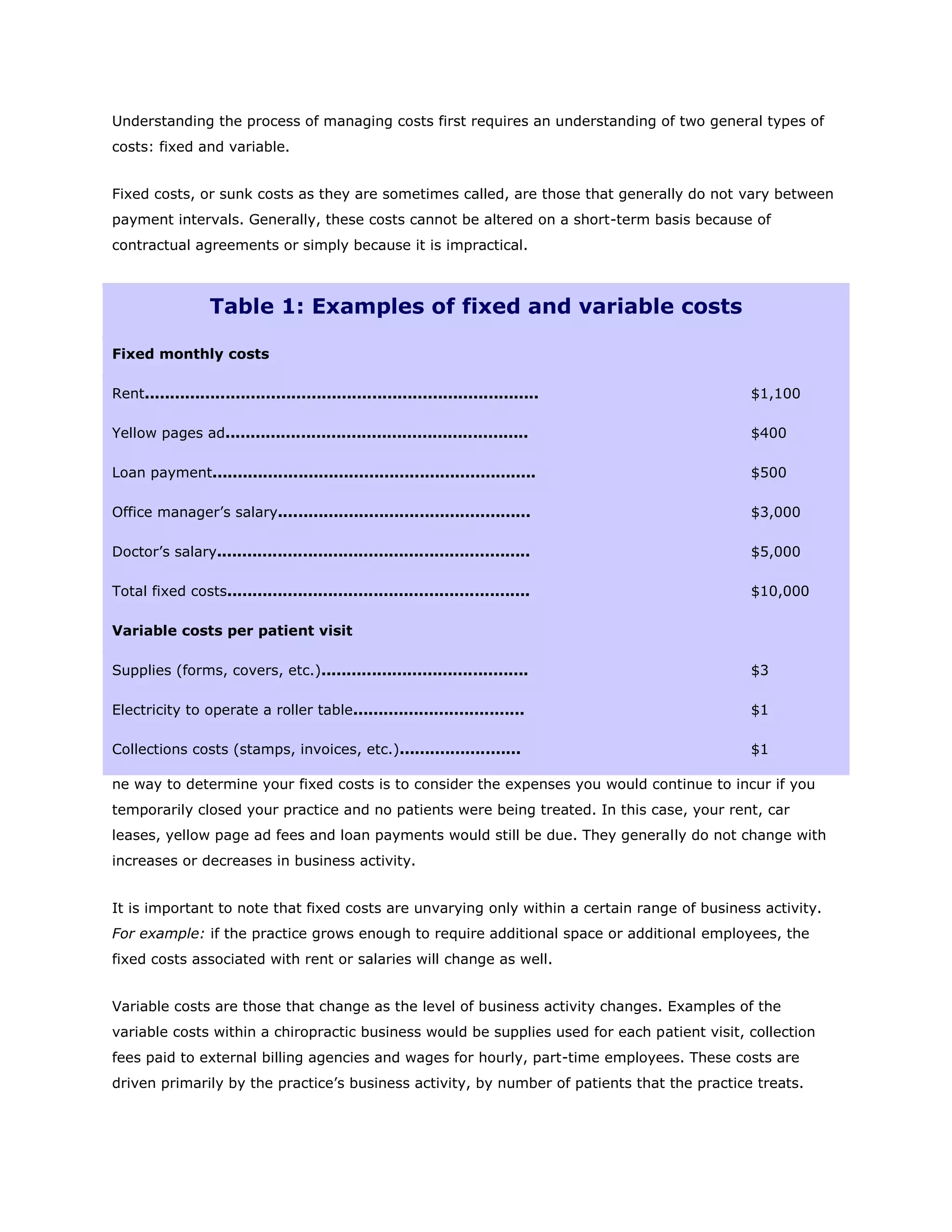 Understanding the process of managing costs first requires an understanding of two general types of
costs: fixed and variable.


Fixed costs, or sunk costs as they are sometimes called, are those that generally do not vary between
payment intervals. Generally, these costs cannot be altered on a short-term basis because of
contractual agreements or simply because it is impractical.



                  Table 1: Examples of fixed and variable costs

Fixed monthly costs

Rent..............................................................................           $1,100

Yellow pages ad............................................................                  $400

Loan payment................................................................                 $500

Office manager’s salary..................................................                    $3,000

Doctor’s salary..............................................................                $5,000

Total fixed costs............................................................                $10,000

Variable costs per patient visit

Supplies (forms, covers, etc.).........................................                      $3

Electricity to operate a roller table..................................                      $1

Collections costs (stamps, invoices, etc.)........................                           $1

ne way to determine your fixed costs is to consider the expenses you would continue to incur if you
temporarily closed your practice and no patients were being treated. In this case, your rent, car
leases, yellow page ad fees and loan payments would still be due. They generally do not change with
increases or decreases in business activity.


It is important to note that fixed costs are unvarying only within a certain range of business activity.
For example: if the practice grows enough to require additional space or additional employees, the
fixed costs associated with rent or salaries will change as well.


Variable costs are those that change as the level of business activity changes. Examples of the
variable costs within a chiropractic business would be supplies used for each patient visit, collection
fees paid to external billing agencies and wages for hourly, part-time employees. These costs are
driven primarily by the practice’s business activity, by number of patients that the practice treats.
 