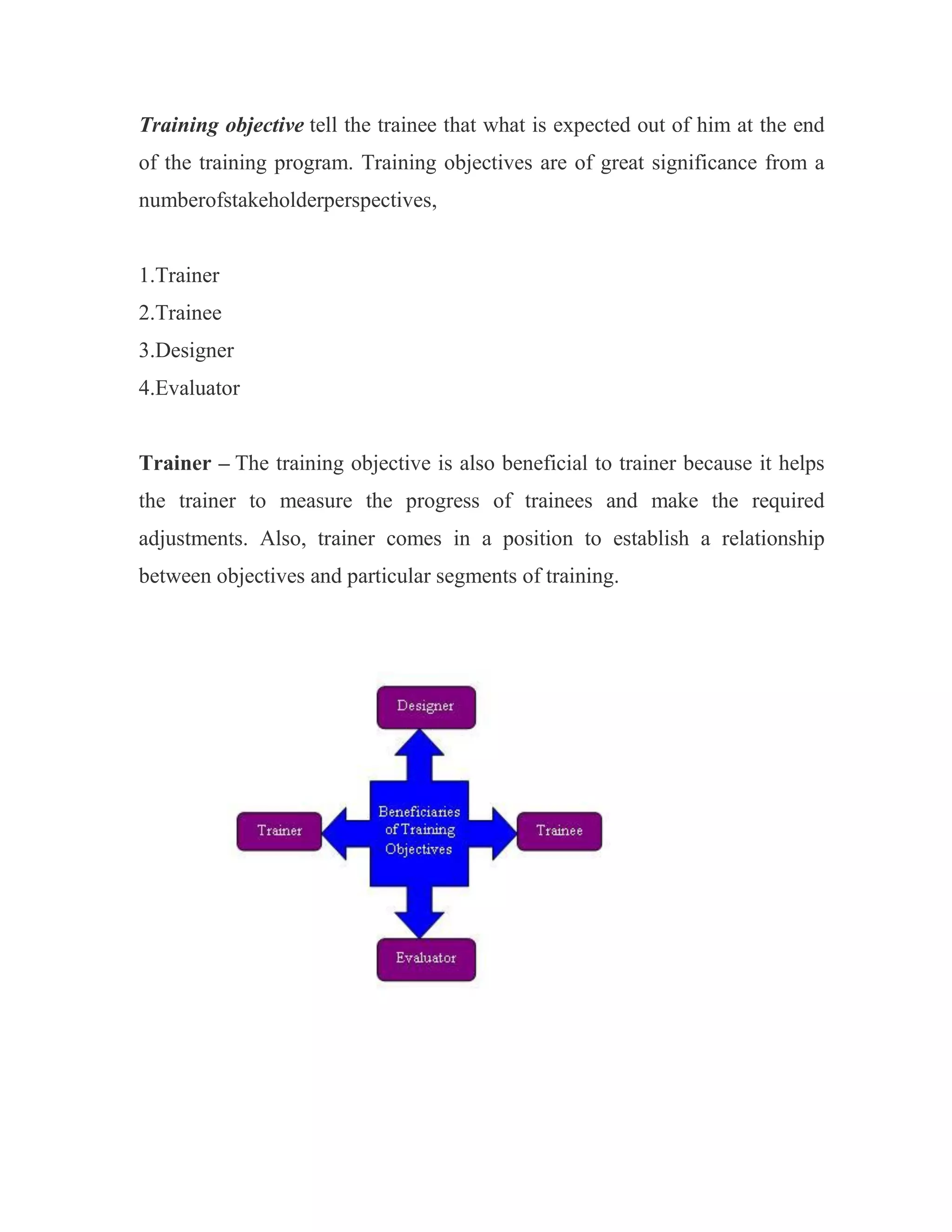 Training objective tell the trainee that what is expected out of him at the end
of the training program. Training objectives are of great significance from a
numberofstakeholderperspectives,


1.Trainer
2.Trainee
3.Designer
4.Evaluator


Trainer – The training objective is also beneficial to trainer because it helps
the trainer to measure the progress of trainees and make the required
adjustments. Also, trainer comes in a position to establish a relationship
between objectives and particular segments of training.
 