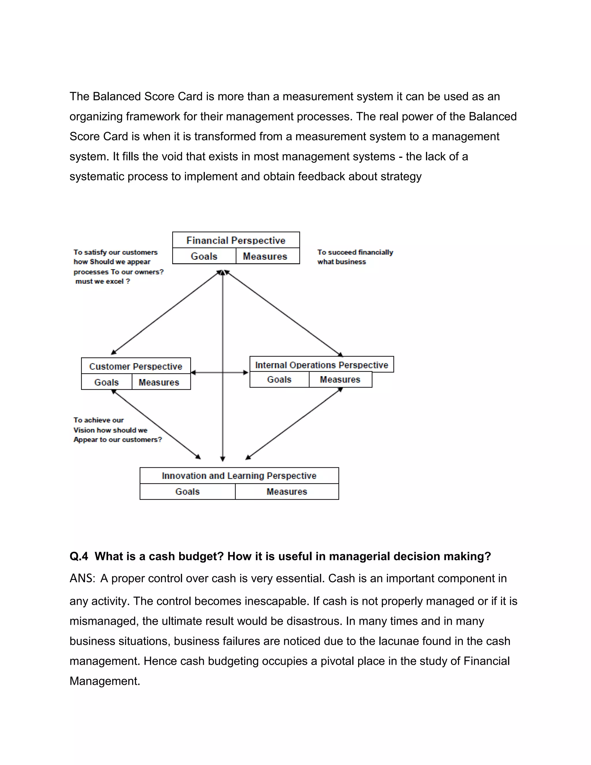 The Balanced Score Card is more than a measurement system it can be used as an
organizing framework for their management processes. The real power of the Balanced
Score Card is when it is transformed from a measurement system to a management
system. It fills the void that exists in most management systems - the lack of a
systematic process to implement and obtain feedback about strategy




Q.4 What is a cash budget? How it is useful in managerial decision making?
ANS: A proper control over cash is very essential. Cash is an important component in
any activity. The control becomes inescapable. If cash is not properly managed or if it is
mismanaged, the ultimate result would be disastrous. In many times and in many
business situations, business failures are noticed due to the lacunae found in the cash
management. Hence cash budgeting occupies a pivotal place in the study of Financial
Management.
 