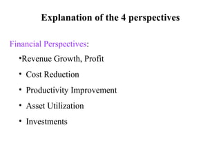 Explanation of the 4 perspectives

Financial Perspectives:
  •Revenue Growth, Profit
  • Cost Reduction
  • Productivity Improvement
  • Asset Utilization
  • Investments
 