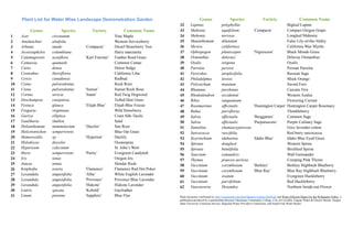 Plant List for Water Wise Landscape Demonstration Garden                                     Genus                     Species                    Variety                        Common Name
                                                                                  32      Lupinus                    polyphyllus                                   Bigleaf Lupine
          Genus             Species        Variety           Common Name          33      Mahonia                    aquifolium                ‘Compacta’          Compact Oregon Grape
1    Acer              circinatum                        Vine Maple               34      Mahonia                    nervosa                                       Longleaf Mahonia
2    Amelanchier       alnifolia                         Western Serviceberry     35      Maianthemum                dilatatum                                     False Lily-of-the-Valley
3    Arbutus           unedo           ‘Compacta’        Dwarf Strawberry Tree    36      Myrica                     californica                                   California Wax Myrtle
4    Arctostaphylos    columbiana                        Hairy manzanita          37      Ophiopogon                 planiscapus               ‘Nigrescens’        Black Mondo Grass
5    Calamagrostis     acutiflora      ‘Karl Foerster’   Feather Reed Grass       38      Osmanthus                  delavayi                                      Delavay Osmanthus
6    Camassia          quamash                           Common Camas             39      Oxalis                     oregona                                       Oxalis
7    Carex             densa                             Dense Sedge              40      Parrotia                   persica                                       Persian Parrotia
8    Ceonothus         thyrsiflorus                      California Lilac         41      Perovskia                  atriplicifolia                                Russian Sage
9    Cercis            canadensis                        Redbud                   42      Philadelphus               lewisii                                       Mock Orange
10   Cistus            pulverulentus                     Rock Rose                43      Polystichum                munitum                                       Sword Fern
11   Cistus            pulverulentus   ‘Sunset’          Sunset Rock Rose         44      Rhamnus                    purshiana                                     Cascara Tree
12   Cornus            sericia         ‘Isanti’          Red Twig Dogwood         45      Rhododendron               occidental                                    Western Azalea
13   Deschampsia       caespitosa                        Tufted Hair Grass        46      Ribes                      sanguineum                                    Flowering Currant
14   Festuca           glauca          ‘Elijah Blue’     Elijah Blue Fescue       47      Rosemarinus                officinalis               ‘Huntington Carpet’ Huntington Carpet Rosemary
15   Fragaria          virginiana                        Wild Strawberry          48      Rubus                      parviflorus                                   Thimbleberry
16   Garrya            elliptica                         Coast Silk-Tassle        49      Salvia                     officinalis               ‘Berggarten’        Common Sage
17   Gaultheria        shallon                           Salal                    50      Salvia                     officinalis               ‘Purpurascens’      Purple Culinary Sage
18   Helianthemum      nummularium     ‘Dazzler’         Sun Rose                 51      Santolina                  chamaecyparissus                              Grey lavender cotton
19   Helictrotrichon   sempervirens                      Blue Oat Grass           52      Sarcococca                 ruscifolia                                    Red berry sarcococca
20   Hemerocallis      sp.             ‘Hyperion’        Daylily                  53      Sisyrinchium               idahoense                 ‘Idaho Blue’        Idaho Blue Eyed Grass
21   Holodiscus        discolor                          Oceanspray               54      Spiraea                    douglasii                                     Western Spirea
22   Hypericum         calycinum                         St. John’s Wort          55      Spiraea                    betulifolia                                   Birchleaf Spirea
23   Iberis            sempervirens    ‘Purity’          Evergreen Candytuft      56      Teucrium                   camaedrys                                     Wall Germander
24   Iris              tenax                             Oregon Iris              57      Thymus                     praecox arcticus                              Creeping Pink Thyme
25   Juncus            tenuis                            Slender Rush             58      Vaccinium                  corymbosum                ‘Berkley’           Berkley Highbush Blueberry
26   Kniphofia         uvaria          ‘Flamenco’        Flamenco Red Hot Poker   59      Vaccinium                  corymbosum                ‘Blue Ray’          Blue Ray Highbush Blueberry
27   Lavandula         angustifolia    ‘Alba’            White English Lavender   60      Vaccinium                  ovatum                                        Evergreen Huckleberry
28   Lavandula         angustifolia    ‘Provence’        Provence Blue Lavender   61      Vaccinium                  parvifolium                                   Red Huckleberry
29   Lavandula         angustifolia    ‘Hidcote’         Hidcote Lavender                 Vancouveria                Hexandra                                      Northern Inside-out Flower
                                                                                  62
30   Liatris           spicata         ‘Kobold’          Gayfeather
31   Linum             perenne         ‘Sapphire’        Blue Flax                Plant taxonomy confirmed by http://oregonstate.edu/dept/ldplants/1plants.htm#cadi and Water Efficient Plants For the Willamette Valley a
                                                                                  publication produced by a partnership between Clackamas Community College, City of Corvallis, Eugene Water & Electric Board, Oregon
                                                                                  State University Extension Service, Regional Water Providers Consortium, and South Fork Water Board.
 