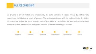 OUR JOB DONE RIGHT
All projects at Global Triotech are considered by the same workflow. A process refined by professionally
experienced individuals in a variety of contexts. The continuous dialogue with the customer is the key to the
success of any project. We do an in-depth study of your industry, competitors, and also analyze the business
from start to end. We choose the appropriate solutions to the real needs of your business.
Research Planning Designing Development Optimization Launch
 