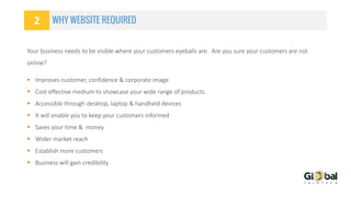 WHY WEBSITE REQUIRED
Your business needs to be visible where your customers eyeballs are. Are you sure your customers are not
online?
 Improves customer, confidence & corporate image
 Cost effective medium to showcase your wide range of products.
 Accessible through desktop, laptop & handheld devices
 It will enable you to keep your customers informed
 Saves your time & money
 Wider market reach
 Establish more customers
 Business will gain credibility
2
 