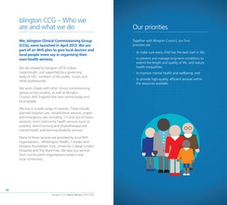 Islington CCG Yearly Review 2014 /2015
14
Our priorities
Islington CCG – Who we
are and what we do
We, Islington Clinical Commissioning Group
(CCG), were launched in April 2013. We are
part of an NHS plan to give local doctors and
local people more say in organising their
own health services.
We are chaired by Islington GP Dr Gillian
Greenhough, and supported by a governing
body of GPs, members of the public, nurses and
other professionals.
We work closely with other clinical commissioning
groups across London, as well as Islington
Council, NHS England (the new central body) and
local people.
We buy in a wide range of services. These include
planned hospital care, rehabilitation services, urgent
and emergency care (including 111 and out-of-hours
services), most community health services (such as
podiatry, district nursing and physiotherapy) and
mental-health and learning-disability services.
Many of these services are provided by local NHS
organisations – Whittington Health, Camden and
Islington Foundation Trust, University College London
Hospitals and The Royal Free. We also buy services
from not-for-profit organisations based in the
local community.
Together with Islington Council, our four
priorities are:
•	 to make sure every child has the best start in life;
•	 to prevent and manage long-term conditions to
extend the length and quality of life, and reduce
health inequalities;
•	 to improve mental health and wellbeing; and
•	 to provide high-quality, efficient services within
the resources available.
 