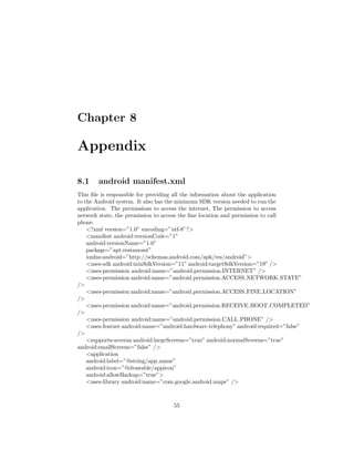Chapter 8
Appendix
8.1 android manifest.xml
This ﬁle is responsible for providing all the information about the application
to the Android system. It also has the minimum SDK version needed to run the
application. The permissions to access the internet, The permission to access
network state, the permission to access the ﬁne location and permission to call
phone.
<?xml version=”1.0” encoding=”utf-8”?>
<manifest android:versionCode=”1”
android:versionName=”1.0”
package=”apt.restaurant”
xmlns:android=”http://schemas.android.com/apk/res/android”>
<uses-sdk android:minSdkVersion=”11” android:targetSdkVersion=”19” />
<uses-permission android:name=”android.permission.INTERNET” />
<uses-permission android:name=”android.permission.ACCESS NETWORK STATE”
/>
<uses-permission android:name=”android.permission.ACCESS FINE LOCATION”
/>
<uses-permission android:name=”android.permission.RECEIVE BOOT COMPLETED”
/>
<uses-permission android:name=”android.permission.CALL PHONE” />
<uses-feature android:name=”android.hardware.telephony” android:required=”false”
/>
<supports-screens android:largeScreens=”true” android:normalScreens=”true”
android:smallScreens=”false” />
<application
android:label=”@string/app name”
android:icon=”@drawable/appicon”
android:allowBackup=”true”>
<uses-library android:name=”com.google.android.maps” />
55
 