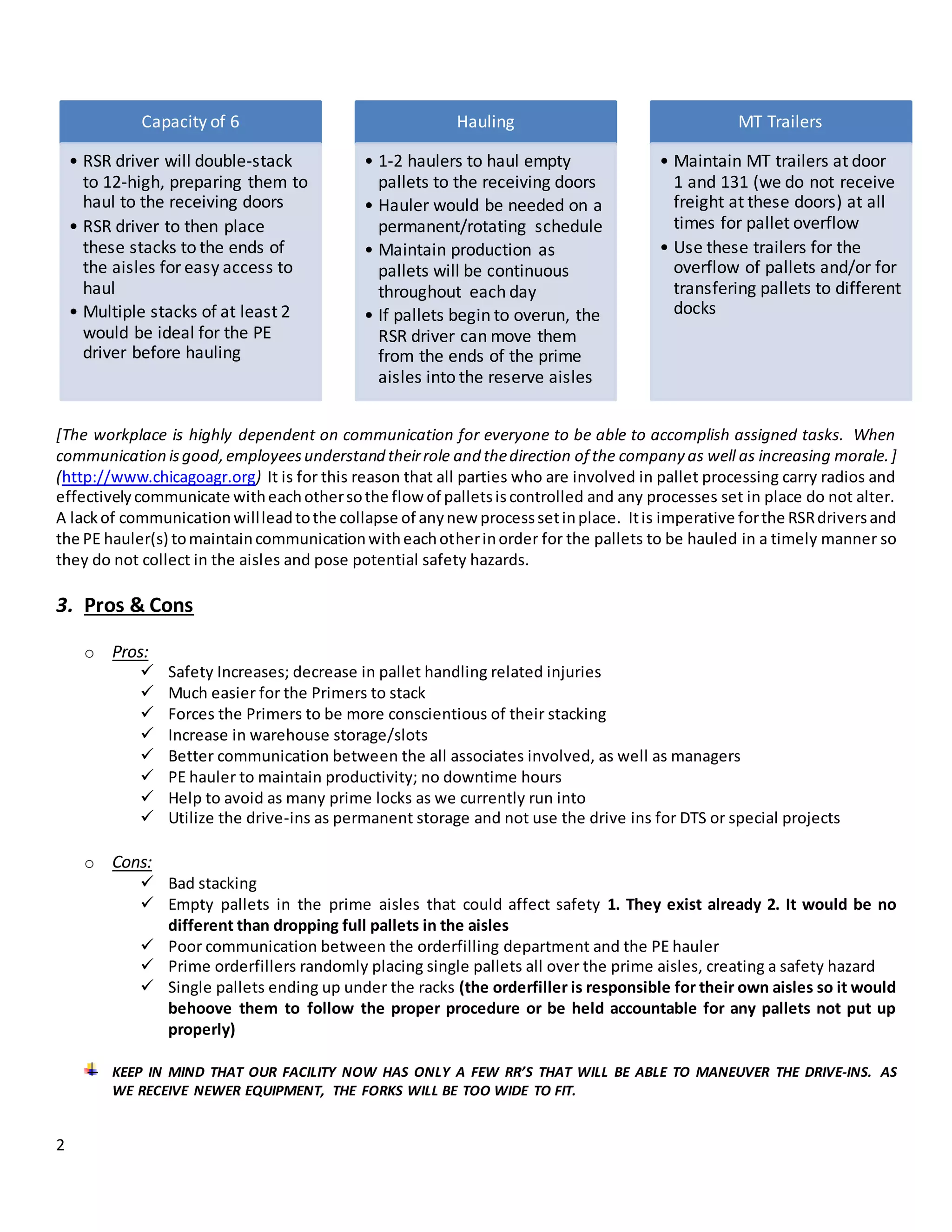 2
[The workplace is highly dependent on communication for everyone to be able to accomplish assigned tasks. When
communication isgood,employeesunderstand theirrole and thedirection of the company as well as increasing morale.]
(http://www.chicagoagr.org) It is for this reason that all parties who are involved in pallet processing carry radios and
effectivelycommunicate witheachothersothe flow of palletsiscontrolled and any processes set in place do not alter.
A lackof communicationwillleadtothe collapse of anynew processsetinplace. Itis imperative forthe RSRdriversand
the PE hauler(s) tomaintaincommunicationwitheachotherinorder for the pallets to be hauled in a timely manner so
they do not collect in the aisles and pose potential safety hazards.
3. Pros & Cons
o Pros:
 Safety Increases; decrease in pallet handling related injuries
 Much easier for the Primers to stack
 Forces the Primers to be more conscientious of their stacking
 Increase in warehouse storage/slots
 Better communication between the all associates involved, as well as managers
 PE hauler to maintain productivity; no downtime hours
 Help to avoid as many prime locks as we currently run into
 Utilize the drive-ins as permanent storage and not use the drive ins for DTS or special projects
o Cons:
 Bad stacking
 Empty pallets in the prime aisles that could affect safety 1. They exist already 2. It would be no
different than dropping full pallets in the aisles
 Poor communication between the orderfilling department and the PE hauler
 Prime orderfillers randomly placing single pallets all over the prime aisles, creating a safety hazard
 Single pallets ending up under the racks (the orderfiller is responsible for their own aisles so it would
behoove them to follow the proper procedure or be held accountable for any pallets not put up
properly)
KEEP IN MIND THAT OUR FACILITY NOW HAS ONLY A FEW RR’S THAT WILL BE ABLE TO MANEUVER THE DRIVE-INS. AS
WE RECEIVE NEWER EQUIPMENT, THE FORKS WILL BE TOO WIDE TO FIT.
Capacity of 6
• RSR driver will double-stack
to 12-high, preparing them to
haul to the receiving doors
• RSR driver to then place
these stacks to the ends of
the aisles for easy access to
haul
• Multiple stacks of at least 2
would be ideal for the PE
driver before hauling
Hauling
• 1-2 haulers to haul empty
pallets to the receiving doors
• Hauler would be needed on a
permanent/rotating schedule
• Maintain production as
pallets will be continuous
throughout each day
• If pallets begin to overun, the
RSR driver can move them
from the ends of the prime
aisles into the reserve aisles
MT Trailers
• Maintain MT trailers at door
1 and 131 (we do not receive
freight at these doors) at all
times for pallet overflow
• Use these trailers for the
overflow of pallets and/or for
transfering pallets to different
docks
 