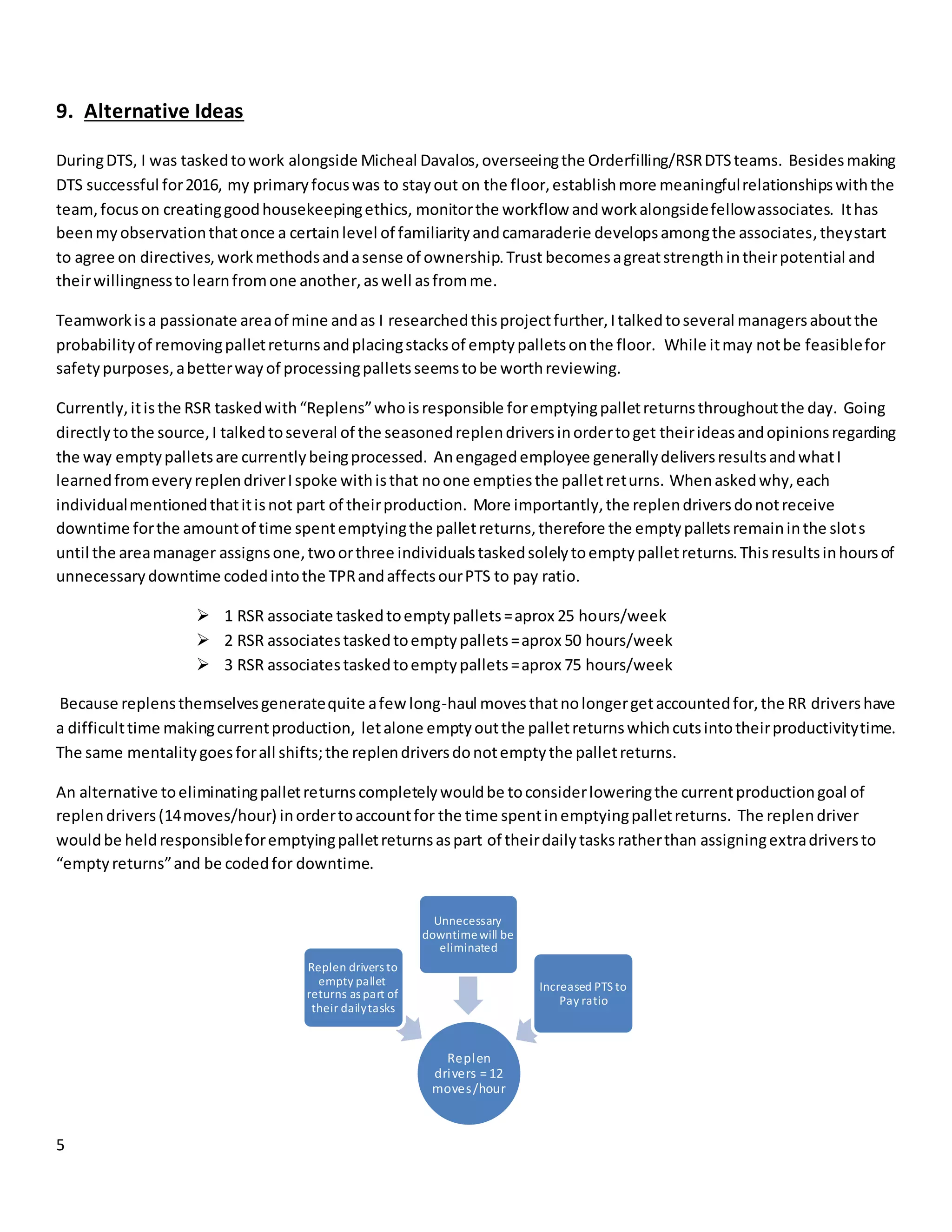 5
9. Alternative Ideas
DuringDTS, I was taskedtowork alongside Micheal Davalos,overseeingthe Orderfilling/RSRDTSteams. Besidesmaking
DTS successful for2016, my primaryfocuswas to stayout on the floor,establishmore meaningfulrelationshipswiththe
team,focuson creatinggoodhousekeepingethics, monitorthe workflow andworkalongsidefellowassociates. Ithas
beenmyobservationthatonce a certainlevel of familiarityandcamaraderie developsamongthe associates,theystart
to agree on directives,workmethodsandasense of ownership.Trust becomesagreatstrengthintheirpotential and
theirwillingnesstolearnfromone another,aswell asfromme.
Teamworkisa passionate areaof mine andas I researchedthisprojectfurther,Italkedtoseveral managersaboutthe
probabilityof removingpalletreturnsandplacingstacksof emptypalletsonthe floor. While itmay notbe feasiblefor
safetypurposes,abetterwayof processingpalletsseemstobe worthreviewing.
Currently,itisthe RSR taskedwith“Replens”whoisresponsible foremptyingpalletreturnsthroughoutthe day. Going
directlytothe source,I talkedtoseveral of the seasonedreplendriversinordertoget theirideasandopinionsregarding
the way emptypalletsare currentlybeingprocessed. Anengagedemployee generallydeliversresultsandwhatI
learnedfromeveryreplendriverIspoke withisthat noone emptiesthe palletreturns. Whenaskedwhy,each
individualmentionedthatitisnot part of theirproduction. More importantly,the replendriversdonotreceive
downtime forthe amountof time spentemptyingthe palletreturns,therefore the emptypalletsremaininthe slots
until the areamanager assignsone,twoorthree individualstaskedsolelytoemptypalletreturns.Thisresultsinhoursof
unnecessarydowntime codedintothe TPRandaffectsourPTS to pay ratio.
 1 RSR associate taskedtoemptypallets=aprox 25 hours/week
 2 RSR associatestaskedtoemptypallets=aprox 50 hours/week
 3 RSR associatestaskedtoemptypallets=aprox 75 hours/week
Because replensthemselvesgeneratequite afew long-haul movesthatnolongergetaccountedfor,the RR drivershave
a difficulttime makingcurrentproduction, letalone emptyoutthe palletreturnswhichcutsintotheirproductivitytime.
The same mentalitygoesforall shifts;the replendriversdonotemptythe palletreturns.
An alternative toeliminatingpalletreturnscompletelywouldbe toconsiderloweringthe currentproductiongoal of
replendrivers(14moves/hour) inordertoaccountfor the time spentinemptyingpalletreturns. The replendriver
wouldbe heldresponsibleforemptyingpalletreturnsaspart of theirdailytasksratherthan assigningextradriversto
“emptyreturns”and be codedfor downtime.
Replen
drivers = 12
moves/hour
Replen drivers to
empty pallet
returns as part of
their dailytasks
Unnecessary
downtimewill be
eliminated
Increased PTS to
Pay ratio
 