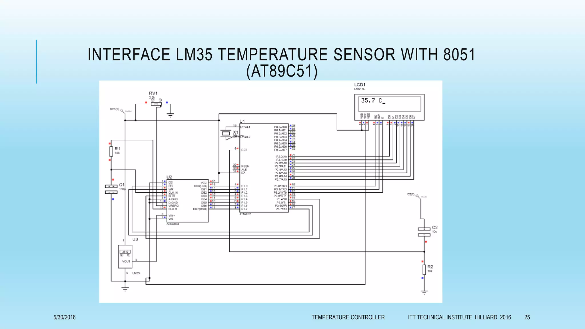 INTERFACE LM35 TEMPERATURE SENSOR WITH 8051
(AT89C51)
5/30/2016 TEMPERATURE CONTROLLER ITT TECHNICAL INSTITUTE HILLIARD 2016 25
 
