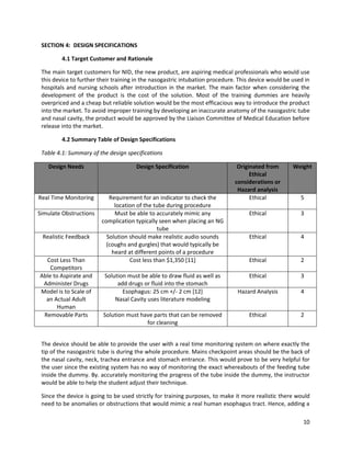10
SECTION 4: DESIGN SPECIFICATIONS
4.1 Target Customer and Rationale
The main target customers for NID, the new product, are aspiring medical professionals who would use
this device to further their training in the nasogastric intubation procedure. This device would be used in
hospitals and nursing schools after introduction in the market. The main factor when considering the
development of the product is the cost of the solution. Most of the training dummies are heavily
overpriced and a cheap but reliable solution would be the most efficacious way to introduce the product
into the market. To avoid improper training by developing an inaccurate anatomy of the nasogastric tube
and nasal cavity, the product would be approved by the Liaison Committee of Medical Education before
release into the market.
4.2 Summary Table of Design Specifications
Table 4.1: Summary of the design specifications
Design Needs Design Specification Originated from
Ethical
considerations or
Hazard analysis
Weight
Real Time Monitoring Requirement for an indicator to check the
location of the tube during procedure
Ethical 5
Simulate Obstructions Must be able to accurately mimic any
complication typically seen when placing an NG
tube
Ethical 3
Realistic Feedback Solution should make realistic audio sounds
(coughs and gurgles) that would typically be
heard at different points of a procedure
Ethical 4
Cost Less Than
Competitors
Cost less than $1,350 [11] Ethical 2
Able to Aspirate and
Administer Drugs
Solution must be able to draw fluid as well as
add drugs or fluid into the stomach
Ethical 3
Model is to Scale of
an Actual Adult
Human
Esophagus: 25 cm +/- 2 cm [12]
Nasal Cavity uses literature modeling
Hazard Analysis 4
Removable Parts Solution must have parts that can be removed
for cleaning
Ethical 2
The device should be able to provide the user with a real time monitoring system on where exactly the
tip of the nasogastric tube is during the whole procedure. Mains checkpoint areas should be the back of
the nasal cavity, neck, trachea entrance and stomach entrance. This would prove to be very helpful for
the user since the existing system has no way of monitoring the exact whereabouts of the feeding tube
inside the dummy. By. accurately monitoring the progress of the tube inside the dummy, the instructor
would be able to help the student adjust their technique.
Since the device is going to be used strictly for training purposes, to make it more realistic there would
need to be anomalies or obstructions that would mimic a real human esophagus tract. Hence, adding a
 