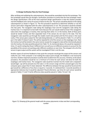 28
7.3 Design Verification Plans for Final Prototype
After verifying and validating the subcomponents, they would be assembled into the first prototype. This
first prototype would then go through a verification procedure to verify that the final prototype meets
the design specifications. One of the most important design specifications is that the solution provides
real time feedback and a sense of success or failure to the user. The sensors would be placed on the tubing
subcomponent as shown in Figure 7.2. The first procedure would be to determine whether or not the
sensors work when integrated with the other subcomponents or not. This procedure would be divided
into two parts: The nasogastric tube taking the esophagus tract and the nasogastric tube taking the
trachea tract. It is important to test both tracts because the user would need to know if the nasogastric
tube enters the esophagus or trachea, then warning them when it is in the trachea. Both of these parts
would be tested 5 times and then expanded more if the sensors do not react to the tube. First the
nasogastric tube would be put through the models nostril and pushed until the first sensor in the nasal
cavity. If the sensor gives output for the tube being detected, a 1 will be placed in Table 7.5; a 0 will be
put in the table if it doesn’t work. This will be repeated for all of the sensors on the esophagus tract. Next
the trachea tract will be tested in the same manner except the nasogastric tube will be intentionally placed
into the trachea; this data would be placed into Table 7.6. As mentioned above, this would be repeated 5
times. It’s worth noting that those 5 different test runs will occur on different occasions to account for the
possibility of the sensors not working under different conditions or over time. The end goal is for all of the
sensors to give output and the system will be investigated if that is not the case.
Another aspect of real time feedback is how quick the computer would get the output of the sensors and
notify the user. If the computer is not reading the output quick enough, the feedback is not necessarily
real time. Another important procedure could be done to determine this accuracy. Similarly, to the above
procedure, this procedure would be run a minimum of 5 times for each sensor and done for both the
esophagus and trachea tracts. The nasogastric tube would be inserted into the model and a stopwatch
would begin. Lap will be pressed once the tube is in the sensors range and then pressed again once the
computer gives output that it’s been detected. The difference between the laps would be found and the
goal would be a difference of less than or equal to .5 seconds. It is believed that .5 seconds would be an
appropriate tolerance but it would be adjusted if found otherwise. Lap times for each sensor would be
placed in Tables 7.7 and 7.9 while difference data would be placed in Tables 7.8 and 7.10.
Figure 7.2: Drawing of the general model with the sensor placements in blue and their corresponding
number
 