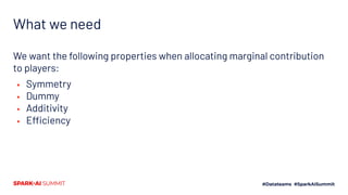 What we need
We want the following properties when allocating marginal contribution
to players:
▪ Symmetry
▪ Dummy
▪ Additivity
▪ Efficiency
 