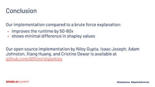 Conclusion
Our implementation compared to a brute force explanation:
▪ improves the runtime by 50-60x
▪ shows minimal difference in shapley values
Our open source implementation by Niloy Gupta, Isaac Joseph, Adam
Johnston, Xiang Huang, and Cristine Dewar is available at
github.com/Affirm/shparkley
 