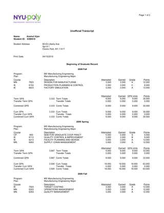 Unofficial Transcript
Page 1 of 2
Name: Anshul Vijan
Student ID: 0390510
Student Address: 80-03 Liberty Ave
Apt # 1
Ozone Park, NY 11417
Print Date: 04/15/2010
Beginning of Graduate Record
2008 Fall
Program:
Plan:
MS Manufacturing Engineering
Manufacturing Engineering Major
Course Description Attempted Earned Grade Points
MN 7923 DESIGN FOR MANUFACTURAB 3.000 3.000 A 12.000
IE 6193 PRODUCTION PLANNING & CONTROL 3.000 3.000 C 6.000
IE 6823 FACTORY SIMULATION 3.000 3.000 A 12.000
Term GPA 3.333 Term Totals
Attempted
9.000
Earned
9.000
GPA Units
9.000
Points
30.000
Transfer Term GPA Transfer Totals 0.000 0.000 0.000 0.000
Combined GPA 3.333 Comb Totals 9.000 9.000 9.000 30.000
Cum GPA 3.333 Cum Totals 9.000 9.000 9.000 30.000
Transfer Cum GPA Transfer Totals 0.000 0.000 0.000 0.000
Combined Cum GPA 3.333 Comb Totals 9.000 9.000 9.000 30.000
2009 Spring
Program:
Plan:
MS Manufacturing Engineering
Manufacturing Engineering Major
Course Description Attempted Earned Grade Points
CP 900 SEM FOR GRADUATE COOP PRACT 0.000 0.000 S 0.000
IE 6113 QUALITY CONTROL & IMPROVEMENT 3.000 3.000 B 9.000
IE 6213 FACILITY PLANNING AND DESIGN 3.000 3.000 A 12.000
MN 6463 SUPPLY CHAIN MANAGEMENT 3.000 3.000 A 12.000
Term GPA 3.667 Term Totals
Attempted
9.000
Earned
9.000
GPA Units
9.000
Points
33.000
Transfer Term GPA Transfer Totals 0.000 0.000 0.000 0.000
Combined GPA 3.667 Comb Totals 9.000 9.000 9.000 33.000
Cum GPA 3.500 Cum Totals 18.000 18.000 18.000 63.000
Transfer Cum GPA Transfer Totals 0.000 0.000 0.000 0.000
Combined Cum GPA 3.500 Comb Totals 18.000 18.000 18.000 63.000
2009 Fall
Program:
Plan:
MS Manufacturing Engineering
Manufacturing Engineering Major
Course Description Attempted Earned Grade Points
IE 7503 TARGET COSTING 3.000 3.000 A 12.000
MN 6303 OPERATIONS MANAGEMENT 3.000 3.000 A 12.000
MN 6353 QUALITY MANAGEMENT 3.000 3.000 A 12.000
 