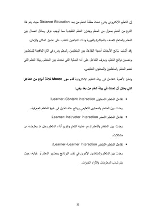 32
‫ال‬ ‫إن‬‫بعد‬ ‫من‬ ‫التعلم‬ ‫مظلة‬ ‫تحت‬ ‫ج‬‫يندر‬ ‫اإللكتروني‬ ‫تعليم‬Distance Education‫هذا‬ ‫يتم‬ ‫حيث‬
‫بين‬ ‫اتصال‬ ‫وسائل‬ ‫توفر‬ ‫أوجب‬ ‫مما‬ ‫التقليدية‬ ‫التعلم‬ ‫ان‬‫ر‬‫وجد‬ ‫المعلم‬ ‫من‬ ‫بمعزل‬ ‫التعلم‬ ‫من‬ ‫ع‬‫النو‬
.‫الزمان‬‫و‬ ‫المكان‬ ‫حاجز‬ ‫على‬ ‫للتغلب‬ ‫اتجاهين‬ ‫وذات‬ ‫الفورية‬‫و‬ ‫ة‬‫ر‬‫بالمباش‬ ‫تتصف‬ ‫المتعلم‬‫و‬ ‫المعلم‬
‫أثب‬ ‫وقد‬‫للمتعلمين‬ ‫الدافعية‬ ‫ة‬‫ر‬‫اثا‬ ‫في‬ ‫ه‬‫ر‬‫ودو‬ ‫المعلم‬‫و‬ ‫المتعلمين‬ ‫بين‬ ‫التفاعل‬ ‫أهمية‬ ‫األبحاث‬ ‫نتائج‬ ‫تت‬
‫التي‬ ‫التعلم‬ ‫وبيئة‬ ‫المتعلم‬ ‫بين‬ ‫تحدث‬ ‫التي‬ ‫العملية‬ ‫أنه‬ ‫على‬ ‫التفاعل‬ ‫ويعرف‬ ،‫التعلم‬ ‫اتج‬‫و‬‫ن‬ ‫وتحسين‬
.‫التعليمي‬ ‫المحتوى‬‫و‬ ‫المتعلمين‬‫و‬ ‫المعلم‬ ‫تضم‬
‫اإللكترونية‬ ‫التعليم‬ ‫بيئة‬ ‫في‬ ‫التفاعل‬ ‫ألهمية‬ ‫ا‬‫ر‬‫ونظ‬‫مور‬ ‫قدم‬Moore‫التفاعل‬ ‫من‬ ‫اع‬‫و‬‫أن‬ ‫ثالثة‬
:‫وهي‬ ‫بعد‬ ‫من‬ ‫العلم‬ ‫بيئة‬ ‫في‬ ‫تحدث‬ ‫أن‬ ‫يمكن‬ ‫التي‬
‫تفاعل‬‫المتعلم‬-‫المحتوى‬Learner-Content Interaction:
‫المعرفية‬ ‫المتعلم‬ ‫ة‬‫ر‬‫خب‬ ‫في‬ ‫تعديل‬ ‫عنه‬ ‫وينتج‬ ‫التعليمي‬ ‫المحتوى‬‫و‬ ‫المتعلم‬ ‫بين‬ ‫يحدث‬.
‫تفاعل‬‫المتعلم‬-‫المعلم‬Learner-Instructor Interaction:
‫من‬ ‫يعترضه‬ ‫ما‬ ‫وحل‬ ‫المتعلم‬ ‫أداء‬ ‫وتقويم‬ ‫التعلم‬ ‫عملية‬ ‫لدعم‬ ‫المعلم‬‫و‬ ‫المتعلم‬ ‫بين‬ ‫يحدث‬
.‫مشكالت‬
‫تفاعل‬‫المتعلم‬-‫المتعلم‬Learner-Learner Interaction:
‫المع‬ ‫بحضور‬ ‫البرنامج‬ ‫نفس‬ ‫في‬ ‫اآلخرين‬ ‫المتعلمين‬‫و‬ ‫المتعلم‬ ‫بين‬ ‫يحدث‬‫حيث‬ ،‫غيابه‬ ‫أو‬ ‫لم‬
.‫ات‬‫ر‬‫الخب‬ ‫اء‬‫ر‬‫اآل‬‫و‬ ‫المعلومات‬ ‫تبادل‬ ‫يتم‬
 