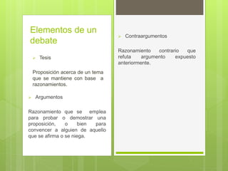  Tesis
Proposición acerca de un tema
que se mantiene con base a
razonamientos.
Elementos de un
debate
 Argumentos
Razonamiento que se emplea
para probar o demostrar una
proposición, o bien para
convencer a alguien de aquello
que se afirma o se niega.
 Contraargumentos
Razonamiento contrario que
refuta argumento expuesto
anteriormente.
 