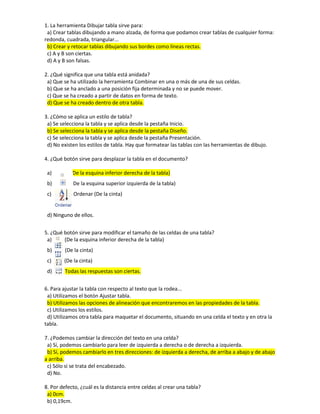 1. La herramienta Dibujar tabla sirve para:
a) Crear tablas dibujando a mano alzada, de forma que podamos crear tablas de cualquier forma:
redonda, cuadrada, triangular...
b) Crear y retocar tablas dibujando sus bordes como líneas rectas.
c) A y B son ciertas.
d) A y B son falsas.
2. ¿Qué significa que una tabla está anidada?
a) Que se ha utilizado la herramienta Combinar en una o más de una de sus celdas.
b) Que se ha anclado a una posición fija determinada y no se puede mover.
c) Que se ha creado a partir de datos en forma de texto.
d) Que se ha creado dentro de otra tabla.
3. ¿Cómo se aplica un estilo de tabla?
a) Se selecciona la tabla y se aplica desde la pestaña Inicio.
b) Se selecciona la tabla y se aplica desde la pestaña Diseño.
c) Se selecciona la tabla y se aplica desde la pestaña Presentación.
d) No existen los estilos de tabla. Hay que formatear las tablas con las herramientas de dibujo.
4. ¿Qué botón sirve para desplazar la tabla en el documento?
a) De la esquina inferior derecha de la tabla)
b) (De la esquina superior izquierda de la tabla)
c) Ordenar (De la cinta)
d) Ninguno de ellos.
5. ¿Qué botón sirve para modificar el tamaño de las celdas de una tabla?
a) (De la esquina inferior derecha de la tabla)
b) (De la cinta)
c) (De la cinta)
d) Todas las respuestas son ciertas.
6. Para ajustar la tabla con respecto al texto que la rodea...
a) Utilizamos el botón Ajustar tabla.
b) Utilizamos las opciones de alineación que encontraremos en las propiedades de la tabla.
c) Utilizamos los estilos.
d) Utilizamos otra tabla para maquetar el documento, situando en una celda el texto y en otra la
tabla.
7. ¿Podemos cambiar la dirección del texto en una celda?
a) Sí, podemos cambiarlo para leer de izquierda a derecha o de derecha a izquierda.
b) Sí, podemos cambiarlo en tres direcciones: de izquierda a derecha, de arriba a abajo y de abajo
a arriba.
c) Sólo si se trata del encabezado.
d) No.
8. Por defecto, ¿cuál es la distancia entre celdas al crear una tabla?
a) 0cm.
b) 0,19cm.
 