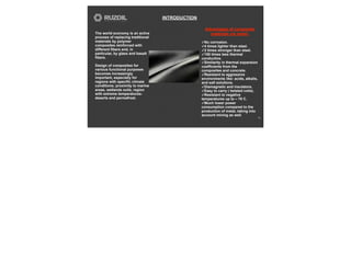 INTRODUCTION
10
Advantages of composite
materials via metal:
✓No corrosion.
✓4 times lighter than steel.
✓2 times stronger than steel.
✓100 times less thermal
conductive.
✓Similarity in thermal expansion
coefficients from the
composites and concrete.
✓Resistant to aggressive
environments like: acids, alkalis,
and salt solutions.
✓Diamagnetic and insulators.
✓Easy to carry ( twisted coils).
✓Resistant to negative
temperatures up to – 70 C.
✓Much lower power
consumption compared to the
production of metal, taking into
account mining as well.
The world economy is an active
process of replacing traditional
materials by polymer
composites reinforced with
different fibers and, in
particular, by glass and basalt
fibers.
Design of composites for
various functional purposes
becomes increasingly
important, especially for
regions with specific climate
conditions; proximity to marine
areas, wetlands soils, region
with extreme temperatures-
deserts and permafrost.
 