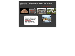 Just 14
days
BEFORE AND AFTER WORK OF SAND IN A HOUSE
6
TYPES OF PROJECTS
Types:
Residential, public and social,
commercial, industrial, sports,
storages, pools, roofing , etc.
Number of floors:
Up to 3 – self-supported
More 3 floors — with frames
Architecture:
Wide range.
 
