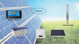 Composants
Pompe immergée
Panneau solaire
Onduleur
Régulateur de charge
Batteries
 