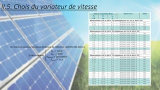 On choisit un variateur de vitesse Brochure, de référence : ACS355-03E-23A1-4
Et de caractères
𝑃𝑁 = 11𝑘𝑊
𝑈𝐴𝐶 = 380𝑉
𝑈𝑀𝑃𝑃𝑇 = [250,800]V
𝐼𝑚𝑎𝑥 = 31𝐴
II.5. Chois du variateur de vitesse
 