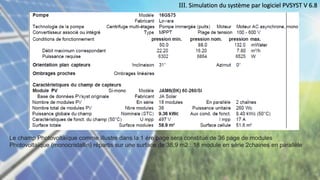 III. Simulation du système par logiciel PVSYST V 6.8
Le champ Photovoltaïque comme illustre dans la 1 ére page sera constitué de 36 page de modules
Photovoltaïque (monocristallin) répartis sur une surface de 38,9 m2 : 18 module en série 2chaines en parallèle
 