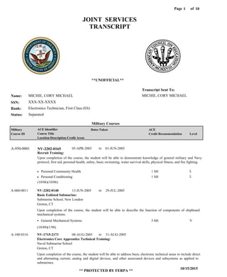 Page of1
10/15/2015
** PROTECTED BY FERPA **
10
MICHIE, CORY MICHAEL
XXX-XX-XXXX
Electronics Technician, First Class (E6)
MICHIE, CORY MICHAEL
Transcript Sent To:
Name:
SSN:
Rank:
JOINT SERVICES
TRANSCRIPT
**UNOFFICIAL**
Military Courses
SeparatedStatus:
Military
Course ID
ACE Identifier
Course Title
Location-Description-Credit Areas
Dates Taken ACE
Credit Recommendation Level
Recruit Training:
Upon completion of the course, the student will be able to demonstrate knowledge of general military and Navy
protocol, first aid, personal health, safety, basic swimming, water survival skills, physical fitness, and fire fighting.
NV-2202-0165A-950-0001 05-APR-2005 01-JUN-2005
Personal Community Health
Personal Conditioning
L
L
1 SH
1 SH
Basic Enlisted Submarine:
Electronics Core Apprentice Technical Training:
NV-2202-0148
NV-1715-2173
13-JUN-2005
08-AUG-2005
29-JUL-2005
31-AUG-2005
Upon completion of the course, the student will be able to describe the function of components of shipboard
mechanical systems.
Upon completion of the course, the student will be able to address basic electronic technical areas to include direct
and alternating current, analog and digital devices, and other associated devices and subsystems as applied to
submarines.
A-060-0011
A-100-0316
Submarine School, New London
Naval Submarine School
Groton, CT
Groton, CT
General Mechanical Systems 3 SH V
(10/06)(10/06)
(10/89)(1/98)
to
to
to
 