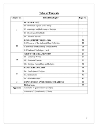 i
Table of Contents
Chapter no. Title of the chapter Page No.
I
INTRODUCTION 1
I.1 Theoretical aspects of the Study 1
I.2 Importance and Relevance of the topic 3
I.3 Objectives of the Study 4
I.4 Literature Review 5
II
RESEARCH METHODOLOGY 24
II.1 Universe of the study and Data Collection 24
II.2 Primary and Secondary source of Data 25
II.3 Tools and Techniques Used 25
III
ABOUT THE ORGANISATION 29
III.1 Company Profile 29
III.2 Business Verticals 30
III.3 Existing Future Plans and Policies 32
IV
RESEARCH ANALYSIS 34
IV.1 Analysis and Findings 34
IV.2 Limitations 40
IV.3 Final Outcomes 40
V CONCLUSIONS AND RECOMMENDATIONS 41
Bibliography 45
Appendix Annexure - 1 Questionnaire (Sample)
Annexure - 2 Questionnaire (Filled)
 