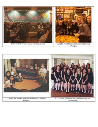 1/27/15: UW ZTA Ice Cream Fundraiser Feed 2/3/15: Food Lifeline Volunteering Sorting
Oranges
2/14/15: Tie Blanket and Card Making for Children’s
Hospital
6/2/15: ZTA 3rd Annual Auction benefitting our
Philanthropy
 