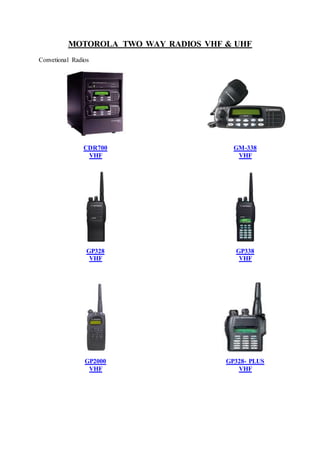 MOTOROLA TWO WAY RADIOS VHF & UHF
Convetional Radios
CDR700
VHF
GM-338
VHF
GP328
VHF
GP338
VHF
GP2000
VHF
GP328- PLUS
VHF
 