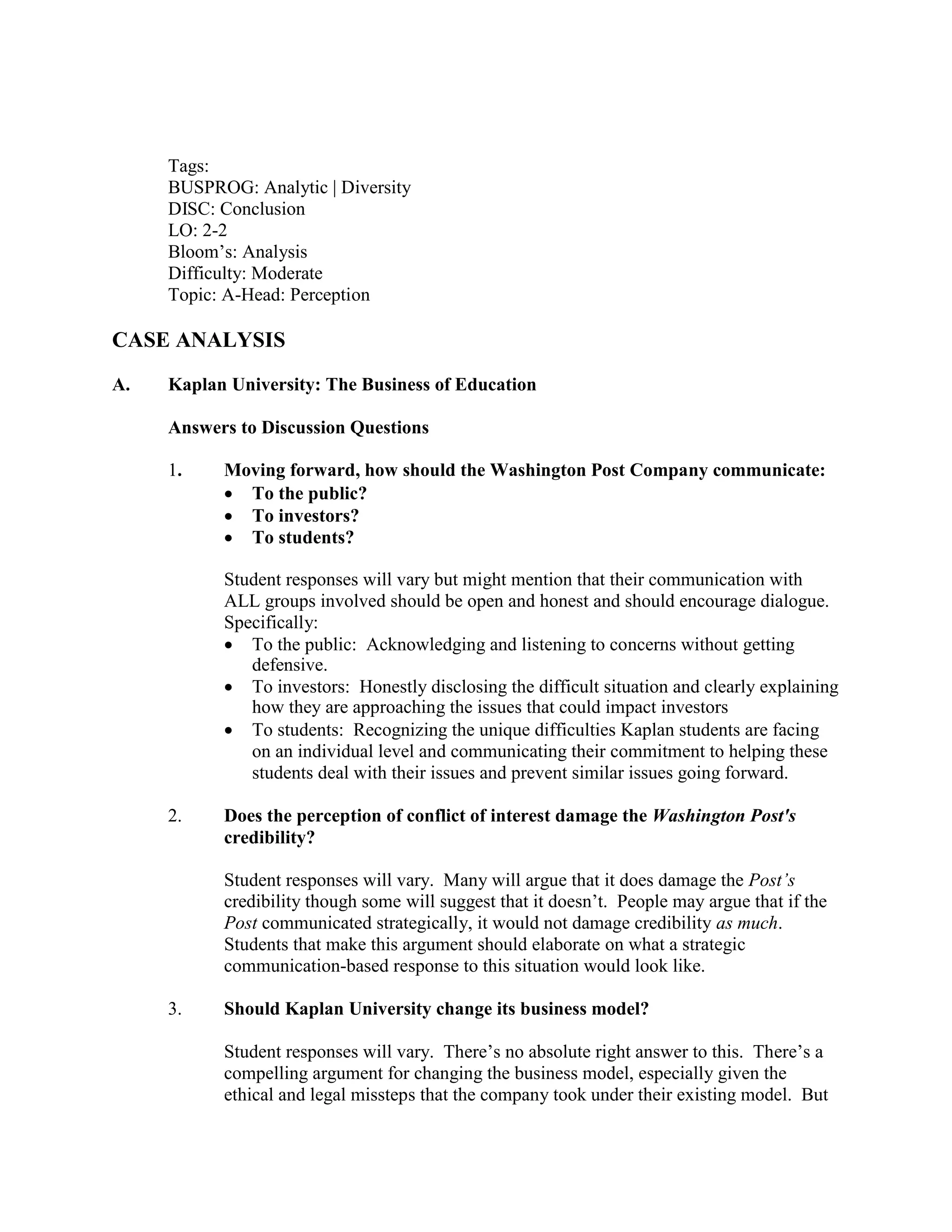 Tags:
BUSPROG: Analytic | Diversity
DISC: Conclusion
LO: 2-2
Bloom’s: Analysis
Difficulty: Moderate
Topic: A-Head: Perception
CASE ANALYSIS
A. Kaplan University: The Business of Education
Answers to Discussion Questions
1. Moving forward, how should the Washington Post Company communicate:
• To the public?
• To investors?
• To students?
Student responses will vary but might mention that their communication with
ALL groups involved should be open and honest and should encourage dialogue.
Specifically:
• To the public: Acknowledging and listening to concerns without getting
defensive.
• To investors: Honestly disclosing the difficult situation and clearly explaining
how they are approaching the issues that could impact investors
• To students: Recognizing the unique difficulties Kaplan students are facing
on an individual level and communicating their commitment to helping these
students deal with their issues and prevent similar issues going forward.
2. Does the perception of conflict of interest damage the Washington Post's
credibility?
Student responses will vary. Many will argue that it does damage the Post’s
credibility though some will suggest that it doesn’t. People may argue that if the
Post communicated strategically, it would not damage credibility as much.
Students that make this argument should elaborate on what a strategic
communication-based response to this situation would look like.
3. Should Kaplan University change its business model?
Student responses will vary. There’s no absolute right answer to this. There’s a
compelling argument for changing the business model, especially given the
ethical and legal missteps that the company took under their existing model. But
 