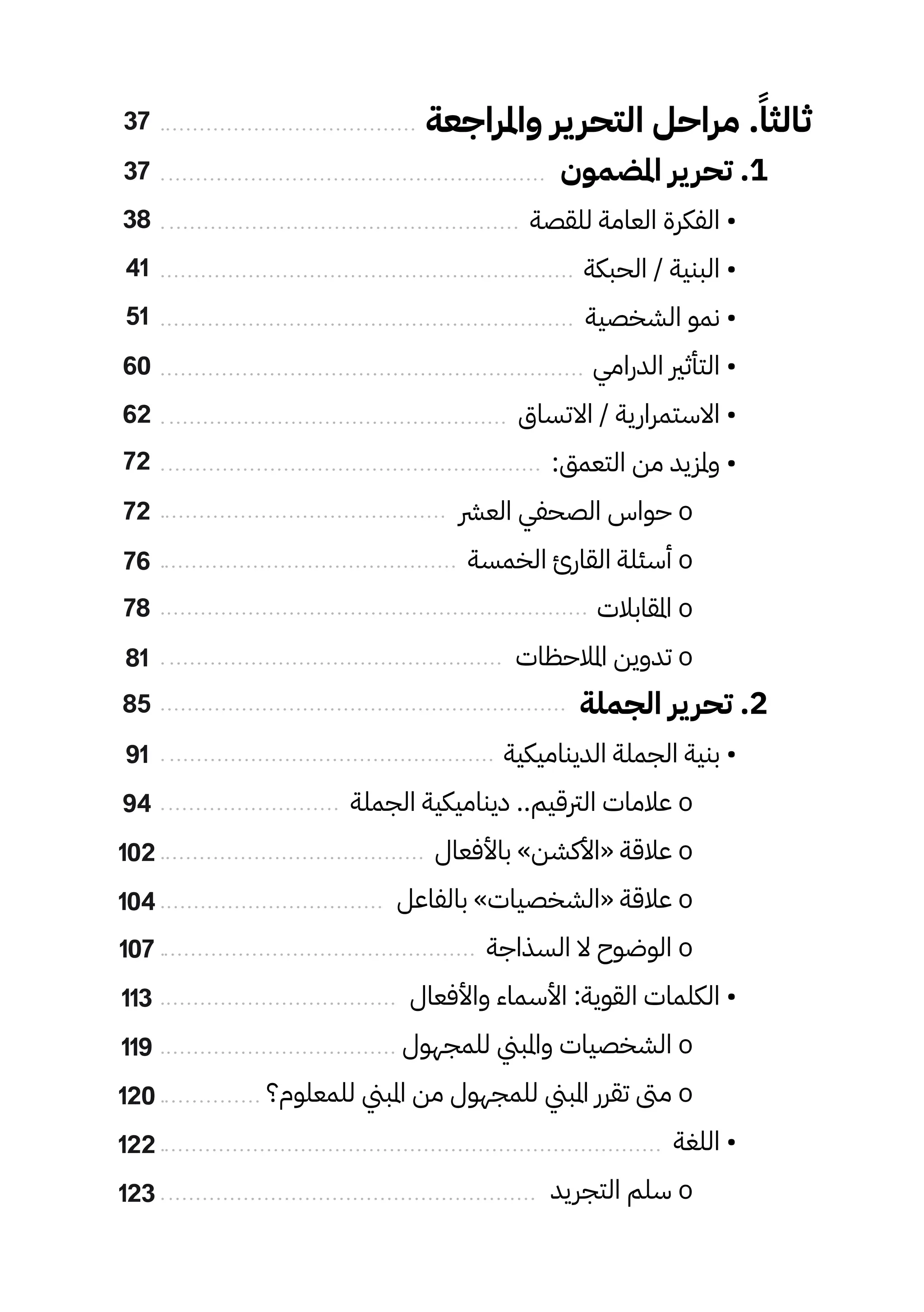 ‫واملراجعة‬ ‫ير‬‫التحر‬ ‫مراحل‬ .ً‫ثالثًا‬
‫املضمون‬ ‫ير‬‫تحر‬ .1
‫للقصة‬ ‫العامة‬ ‫الفكرة‬ •
‫الحبكة‬ / ‫البنية‬ •
‫الشخصية‬ ‫نمو‬ •
‫الدرامي‬ ‫التأثري‬ •
‫االتساق‬ / ‫االستمرارية‬ •
:‫التعمق‬ ‫من‬ ‫وملزيد‬ •
‫العرش‬ ‫الصحفي‬ ‫حواس‬ o
‫الخمسة‬ ‫القارئ‬ ‫أسئلة‬ o
‫املقابالت‬ o
‫املالحظات‬ ‫تدوين‬ o
‫الجملة‬ ‫ير‬‫تحر‬ .2
‫الديناميكية‬ ‫الجملة‬ ‫بنية‬ •
‫الجملة‬ ‫ديناميكية‬ ..‫الرتقيم‬ ‫عالمات‬ o
‫باألفعال‬ »‫«األكشن‬ ‫عالقة‬ o
‫بالفاعل‬ »‫«الشخصيات‬ ‫عالقة‬ o
‫السذاجة‬ ‫ال‬ ‫الوضوح‬ o
‫واألفعال‬ ‫األسماء‬ :‫القوية‬ ‫الكلمات‬ •
‫للمجهول‬ ‫واملبين‬ ‫الشخصيات‬ o
‫للمعلوم؟‬ ‫املبين‬ ‫من‬ ‫للمجهول‬ ‫املبين‬ ‫تقرر‬ ‫مىت‬ o
‫اللغة‬ •
‫التجريد‬ ‫سلم‬ o
37
37
60
41
72
38
62
51
72
76
78
81
85
91
94
102
104
107
113
119
120
122
123
 