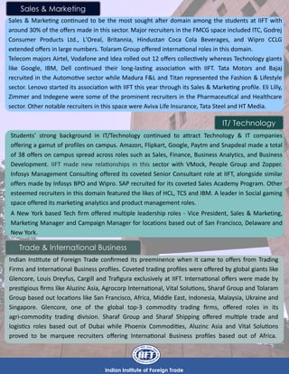 Indian Institute of Foreign Trade
Sales & Marketing
Sales & Marketing continued to be the most sought after domain among the students at IIFT with
around 30% of the offers made in this sector. Major recruiters in the FMCG space included ITC, Godrej
Consumer Products Ltd., L'Oreal, Britannia, Hindustan Coca Cola Beverages, and Wipro CCLG
extended offers in large numbers. Tolaram Group offered international roles in this domain.
Telecom majors Airtel, Vodafone and Idea rolled out 12 offers collectively whereas Technology giants
like Google, IBM, Dell continued their long-lasting association with IIFT. Tata Motors and Bajaj
recruited in the Automotive sector while Madura F&L and Titan represented the Fashion & Lifestyle
sector. Lenovo started its association with IIFT this year through its Sales & Marketing profile. Eli Lilly,
Zimmer and Indegene were some of the prominent recruiters in the Pharmaceutical and Healthcare
sector. Other notable recruiters in this space were Aviva Life Insurance, Tata Steel and HT Media.
IT/ Technology
Students’ strong background in IT/Technology continued to attract Technology & IT companies
offering a gamut of profiles on campus. Amazon, Flipkart, Google, Paytm and Snapdeal made a total
of 38 offers on campus spread across roles such as Sales, Finance, Business Analytics, and Business
Development. IIFT made new relationships in this sector with VMock, People Group and Zopper.
Infosys Management Consulting offered its coveted Senior Consultant role at IIFT, alongside similar
offers made by Infosys BPO and Wipro. SAP recruited for its coveted Sales Academy Program. Other
esteemed recruiters in this domain featured the likes of HCL, TCS and IBM. A leader in Social gaming
space offered its marketing analytics and product management roles.
A New York based Tech firm offered multiple leadership roles - Vice President, Sales & Marketing,
Marketing Manager and Campaign Manager for locations based out of San Francisco, Delaware and
New York.
Trade & International Business
Indian Institute of Foreign Trade confirmed its preeminence when it came to offers from Trading
Firms and International Business profiles. Coveted trading profiles were offered by global giants like
Glencore, Louis Dreyfus, Cargill and Trafigura exclusively at IIFT. International offers were made by
prestigious firms like Aluzinc Asia, Agrocorp International, Vital Solutions, Sharaf Group and Tolaram
Group based out locations like San Francisco, Africa, Middle East, Indonesia, Malaysia, Ukraine and
Singapore. Glencore, one of the global top-3 commodity trading firms, offered roles in its
agri-commodity trading division. Sharaf Group and Sharaf Shipping offered multiple trade and
logistics roles based out of Dubai while Phoenix Commodities, Aluzinc Asia and Vital Solutions
proved to be marquee recruiters offering International Business profiles based out of Africa.
 