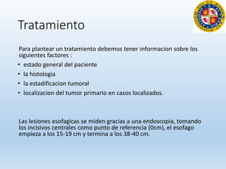 Tratamiento
Para plantear un tratamiento debemos tener informacion sobre los
siguientes factores :
• estado general del paciente
• la histologia
• la estadificacion tumoral
• localizacion del tumor primario en casos localizados.
Las lesiones esofagicas se miden gracias a una endoscopia, tomando
los incisivos centrales como punto de referencia (0cm), el esofago
empieza a los 15-19 cm y termina a los 38-40 cm.
 