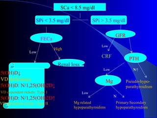 SCa < 8.5 mg/dl
SPi < 3.5 mg/dl SPi > 3.5 mg/dl
FECa
Renal loss
25(OH)D↓
VD deficiency
25(OH)D: N/1,25(OH)2D↓
VD dependent rickets: Type I
25(OH)D: N/1,25(OH)2D↑
VD dependent rickets: Type II
High
Low
GFR
PTH
Mg
Low
Low N/↑
Pseudo-hypo-
parathyroidism
Low
N
Primary/Secondary
hypoparathyroidism
Mg related
hypoparathyroidims
CRF
 
