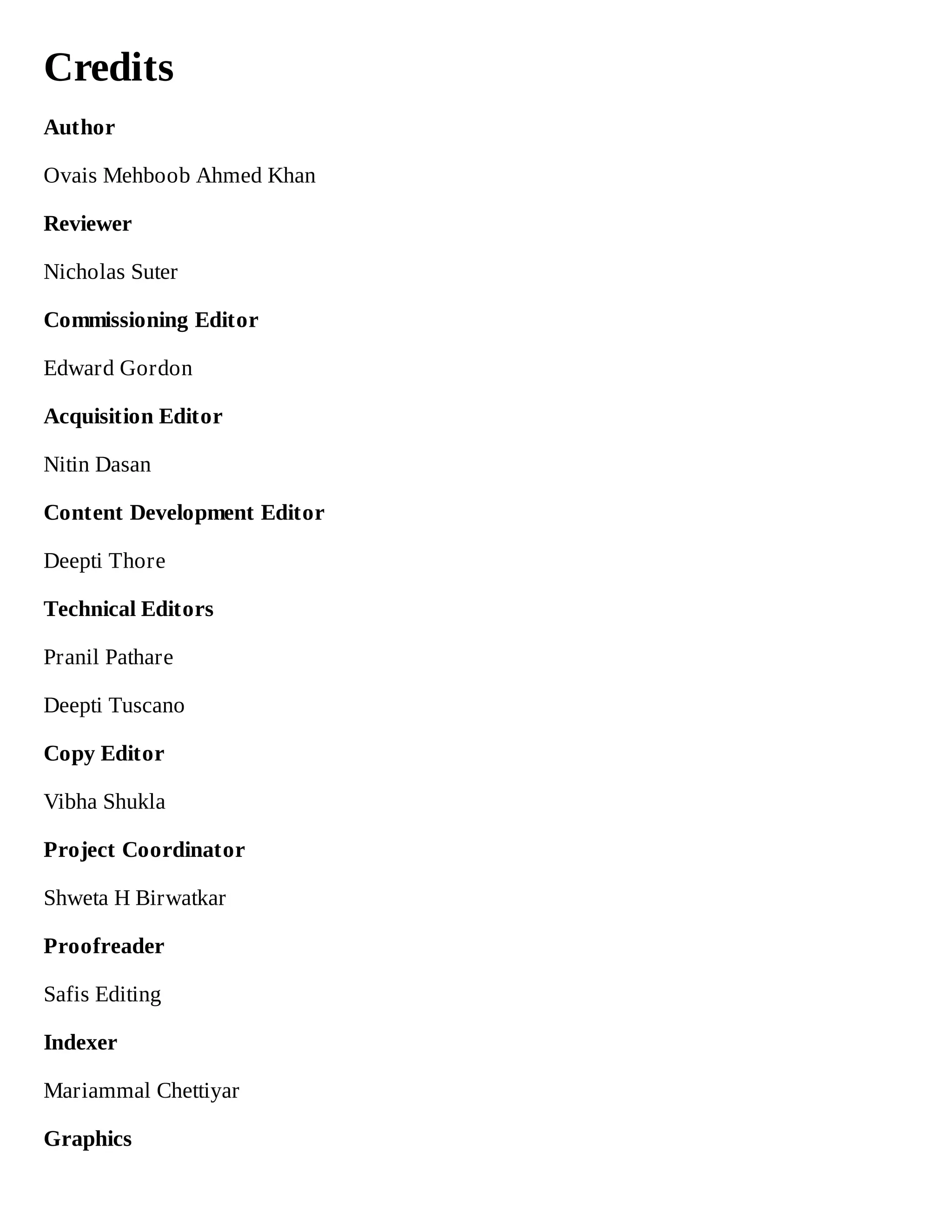 Credits
Author
Ovais Mehboob Ahmed Khan
Reviewer
Nicholas Suter
Commissioning Editor
Edward Gordon
Acquisition Editor
Nitin Dasan
Content Development Editor
Deepti Thore
Technical Editors
Pranil Pathare
Deepti Tuscano
Copy Editor
Vibha Shukla
Project Coordinator
Shweta H Birwatkar
Proofreader
Safis Editing
Indexer
Mariammal Chettiyar
Graphics
 