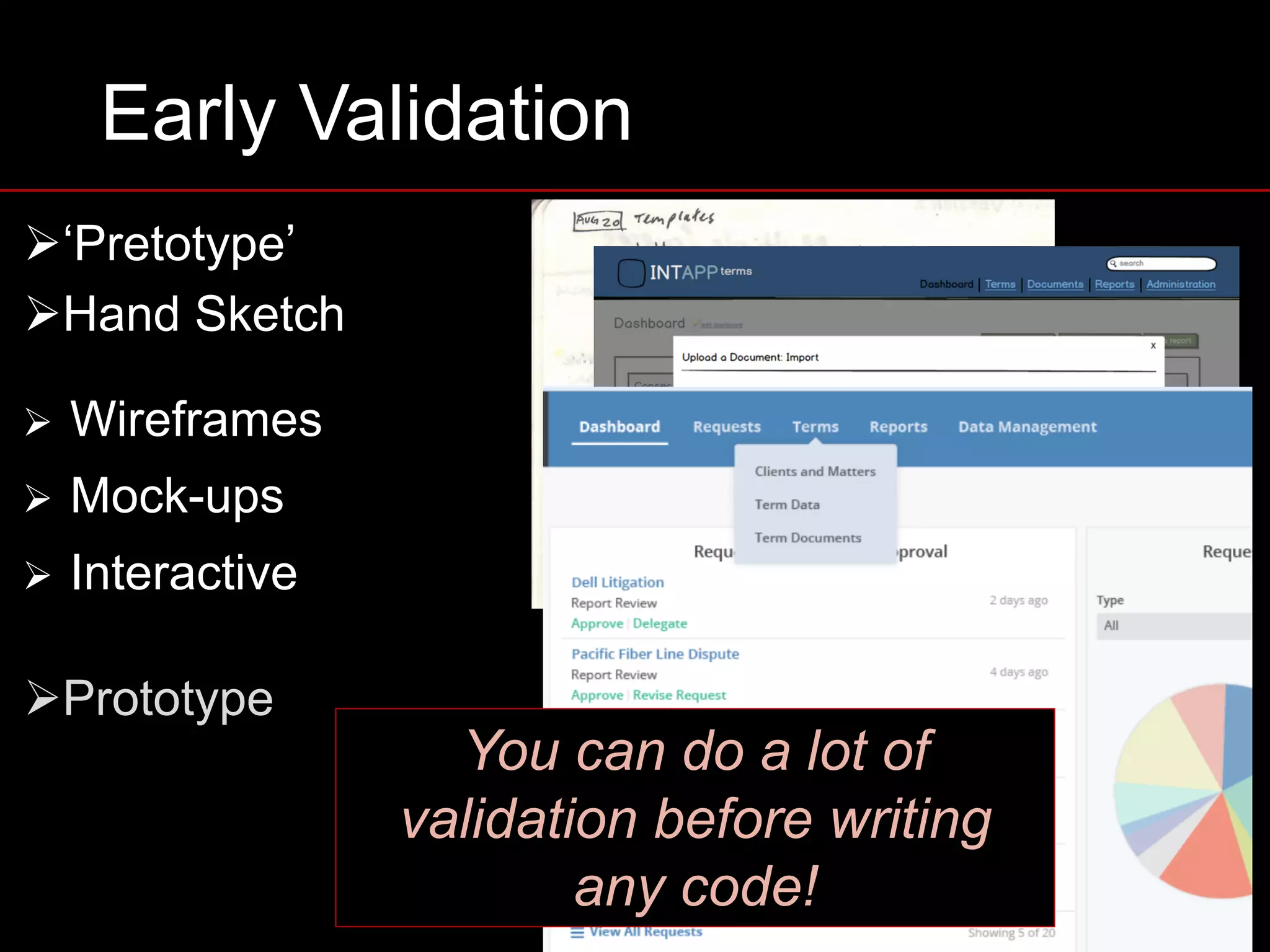 Early Validation
Ø‘Pretotype’
ØHand Sketch
Ø Wireframes
Ø Mock-ups
Ø Interactive
ØPrototype
You can do a lot of
validation before writing
any code!
 