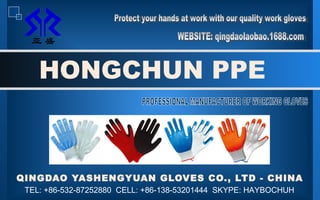 QINGDAO YASHENGYUAN GLOVES CO., LTD - CHINA
HONGCHUN PPE
TEL: +86-532-87252880 CELL: +86-138-53201444 SKYPE: HAYBOCHUH
 