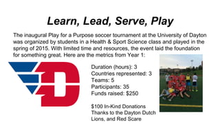 Learn, Lead, Serve, Play
The inaugural Play for a Purpose soccer tournament at the University of Dayton
was organized by s...