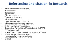 Reference Writting Styles Comprehensive Guide to Referencing and Citation Styles in Research | PPTX