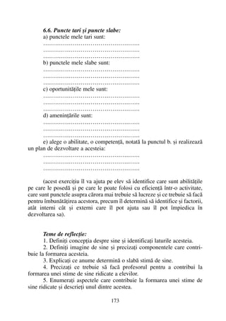 6.6. Puncte tari ºi puncte slabe:
a) punctele mele tari sunt:
………………………………………….
………………………………………….
………………………………………….
b) punctele mele slabe sunt:
………………………………………….
………………………………………….
………………………………………….
c) oportunitãþile mele sunt:
………………………………………….
………………………………………….
………………………………………….
d) ameninþãrile sunt:
………………………………………….
………………………………………….
………………………………………….
e) alege o abilitate, o competenþã, notatã la punctul b. ºi realizeazã
un plan de dezvoltare a acesteia:
………………………………………….
………………………………………….
………………………………………….
(acest exerciþiu îl va ajuta pe elev sã identifice care sunt abilitãþile
pe care le posedã ºi pe care le poate folosi cu eficienþã într-o activitate,
care sunt punctele asupra cãrora mai trebuie sã lucreze ºi ce trebuie sã facã
pentru îmbunãtãþirea acestora, precum îl determinã sã identifice ºi factorii,
atât interni cât ºi externi care îl pot ajuta sau îl pot împiedica în
dezvoltarea sa).
Teme de reflecþie:
1. Definiþi concepþia despre sine ºi identificaþi laturile acesteia.
2. Definiþi imagine de sine ºi precizaþi componentele care contri-
buie la formarea acesteia.
3. Explicaþi ce anume determinã o slabã stimã de sine.
4. Precizaþi ce trebuie sã facã profesorul pentru a contribui la
formarea unei stime de sine ridicate a elevilor.
5. Enumeraþi aspectele care contribuie la formarea unei stime de
sine ridicate ºi descrieþi unul dintre acestea.
173
 