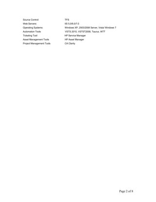 Source Control: TFS
Web Servers: IIS 5.0/6.0/7.0
Operating Systems: Windows XP, 2003/2008 Server, Vista/ Windows 7
Automation Tools VSTS 2010, VSTST2008, Taurus, WTT
Ticketing Tool HP Service Manager
Asset Management Tools HP Asset Manager
Project Management Tools CA Clarity
Page 2 of 8
 