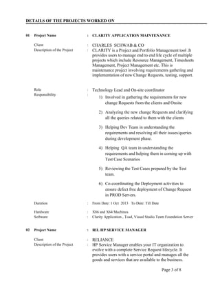 DETAILS OF THE PROJECTS WORKED ON
01 Project Name : CLARITY APPLICATION MAINTENANCE
Client : CHARLES SCHWAB & CO
Description of the Project : CLARITY is a Project and Portfolio Management tool .It
provides users to manage end to end life cycle of multiple
projects which include Resource Management, Timesheets
Management, Project Management etc. This is
maintenance project involving requirements gathering and
implementation of new Change Requests, testing, support.
Role : Technology Lead and On-site coordinator
Responsibility :
1) Involved in gathering the requirements for new
change Requests from the clients and Onsite
2) Analyzing the new change Requests and clarifying
all the queries related to them with the clients
3) Helping Dev Team in understanding the
requirements and resolving all their issues/queries
during development phase.
4) Helping QA team in understanding the
requirements and helping them in coming up with
Test Case Scenarios
5) Reviewing the Test Cases prepared by the Test
team.
6) Co-coordinating the Deployment activities to
ensure defect free deployment of Change Request
in PROD Servers.
Duration : From Date: 1 Oct 2013 To Date: Till Date
Hardware : X86 and X64 Machines
Software : Clarity Application , Toad, Visual Studio Team Foundation Server
02 Project Name : RIL HP SERVICE MANAGER
Client : RELIANCE
Description of the Project : HP Service Manager enables your IT organization to
evolve with a complete Service Request lifecycle. It
provides users with a service portal and manages all the
goods and services that are available to the business.
Page 3 of 8
 
